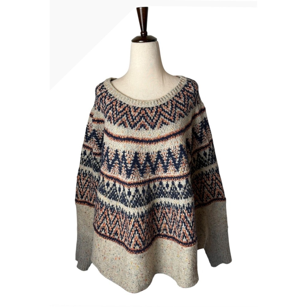 Anthropologie Sleeping On Snow Sweater Poncho Women Medium Beige Fair Isle Wool - Picture 2 of 12